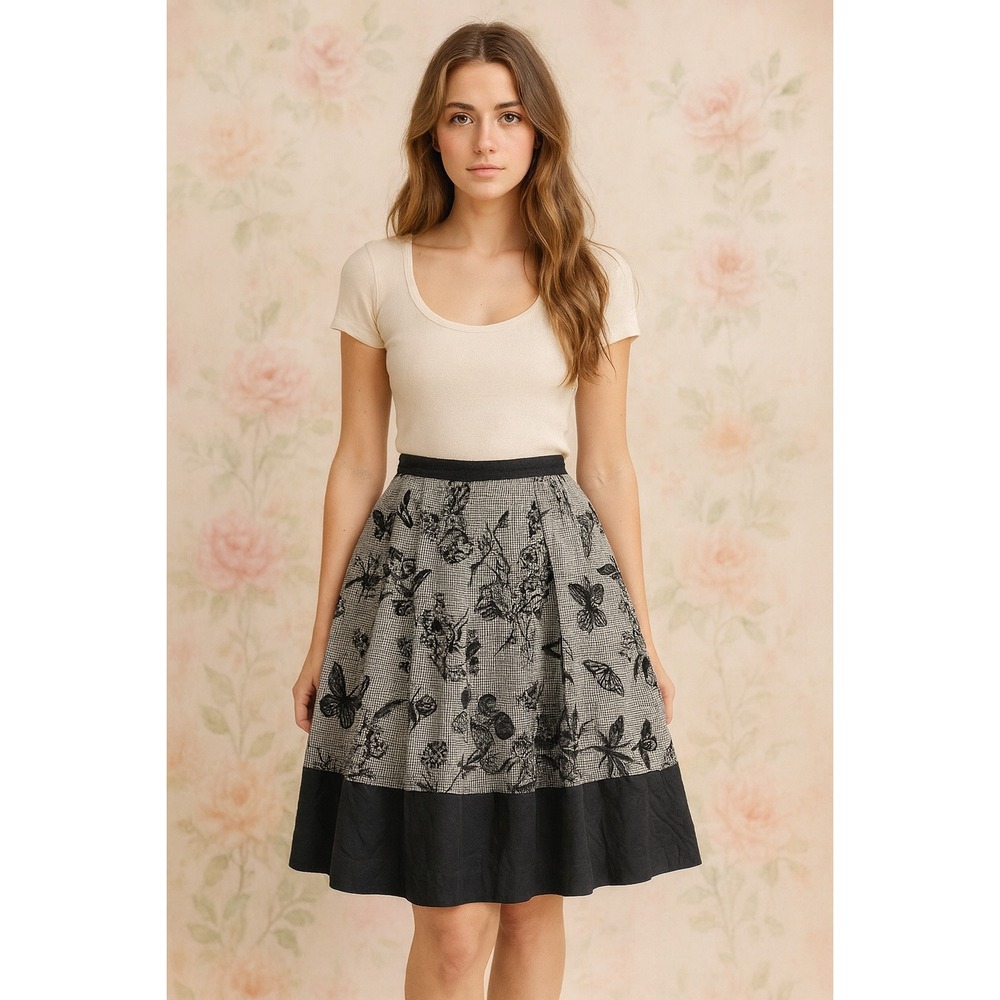 Black White Gingham Floral Butterfly A-Line Midi‎ Skirt Cottagecore Women's 8